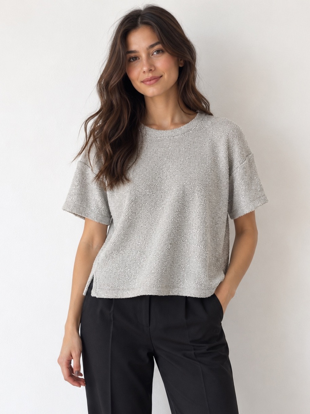 Oak + Fort Silver Metallic Textured Boxy Short Sleeve Top